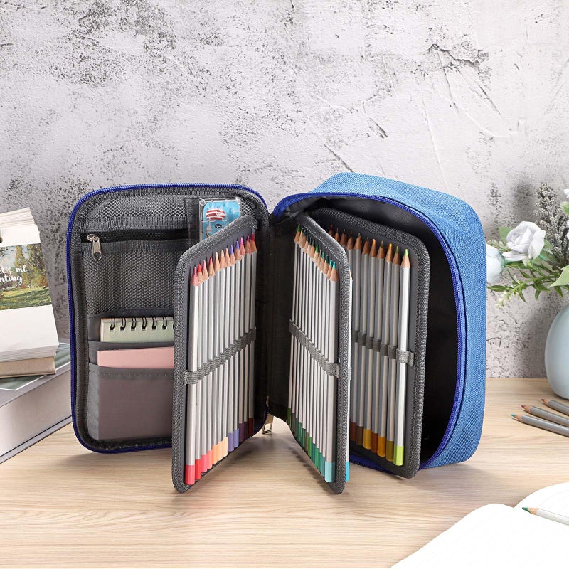 BTSKYÂ® High Capacity Zipper Pens Pencil Case- Multi-Functional Stationery Pencil Pouch 72 Slots Colored Pencil Case Portable Pencil Bags With 2 Removable Sleeves(Blue) - Image 2